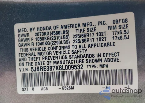 2008 Honda Cr-V Ex-L from USA, damaged, VIN 5J6RE387X8L009532